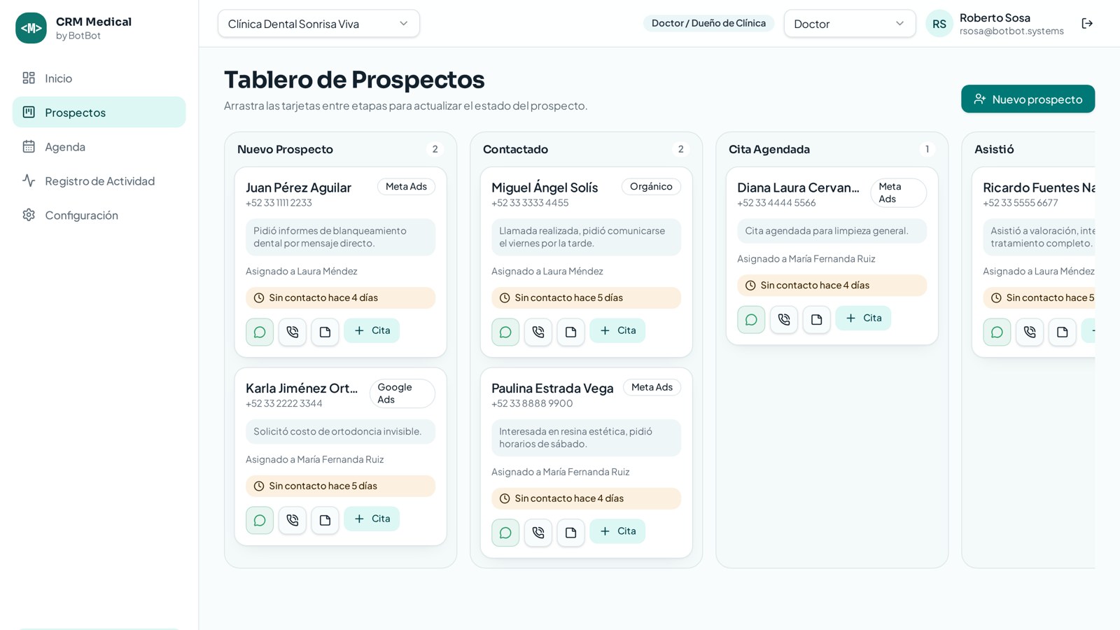Tablero kanban de prospectos con etapas, origen del paciente y avisos de seguimiento